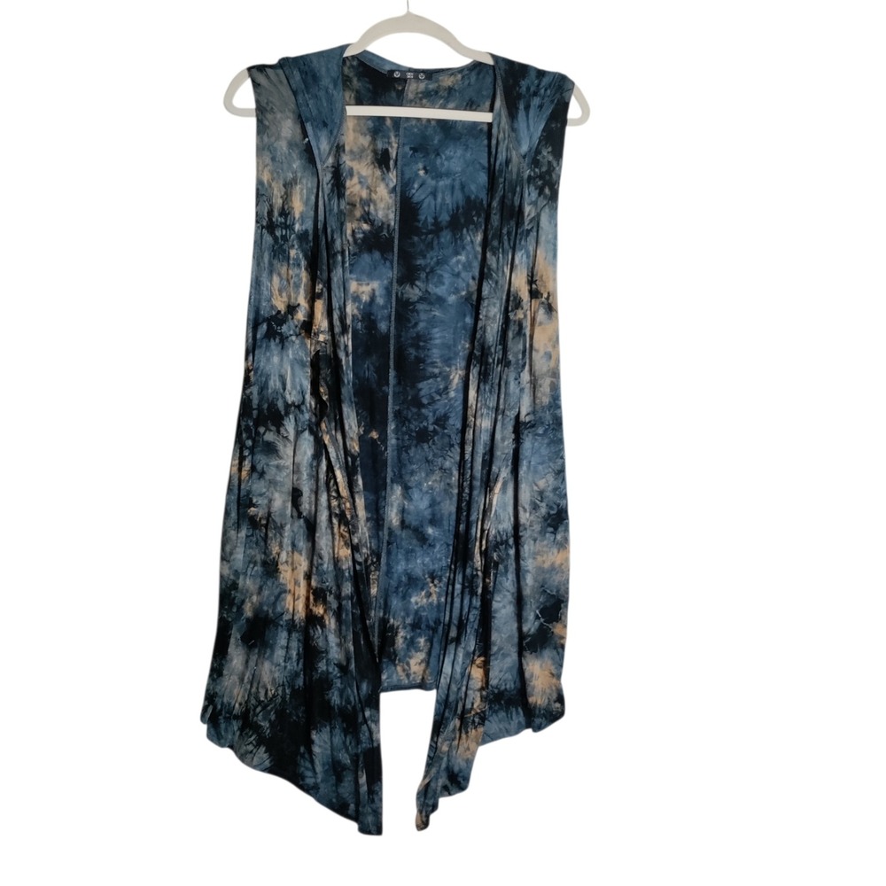 Coin 1804 Womens 3X Blue Tie Dye Sleeveless Hooded Open Front Cardigan Vest 2680
